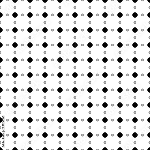 Square seamless background pattern from geometric shapes are different sizes and opacity. The pattern is evenly filled with black gramophone record symbols. Vector illustration on white background