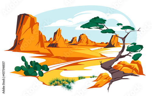 Desert landscape with rocks and cactuses. Vector flat illustration of highway turn in Arizona or Mexico hot sand desert with orange mountains. Summer western american landscape