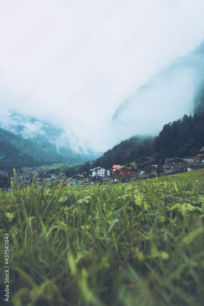 Fototapeta premium Nautre Switzerland foggy moody weather rainy hike outdoor adventure hiking travel tavelling