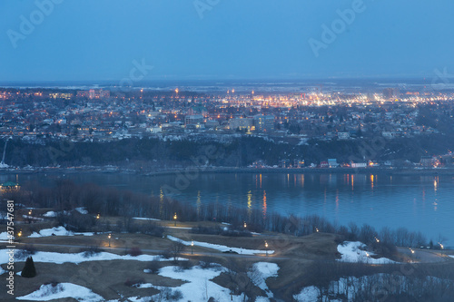 Aerial view of the Plains of Abraham at dusk, with the St. Lawrence River and the south shore in the background, Quebec City, Quebec