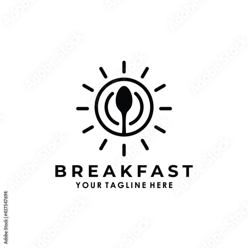 spoon plate and sun breakfast restaurant food and drink outline  logo design vector simple minimalist