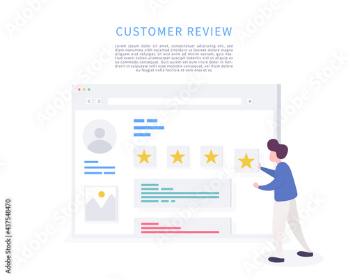 Customer review concept. Man character give review rating and feedback. give review rating and feedback.
