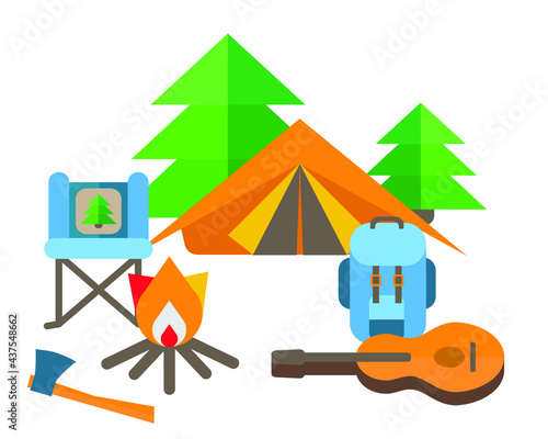 A set of items for tourism and hiking. Includes flat  guitar, spruce, tent. Landscape with flat  guitar, spruce, tent, bonfire, backpack, chair, axe. The place where tourists stop. Camping place. 