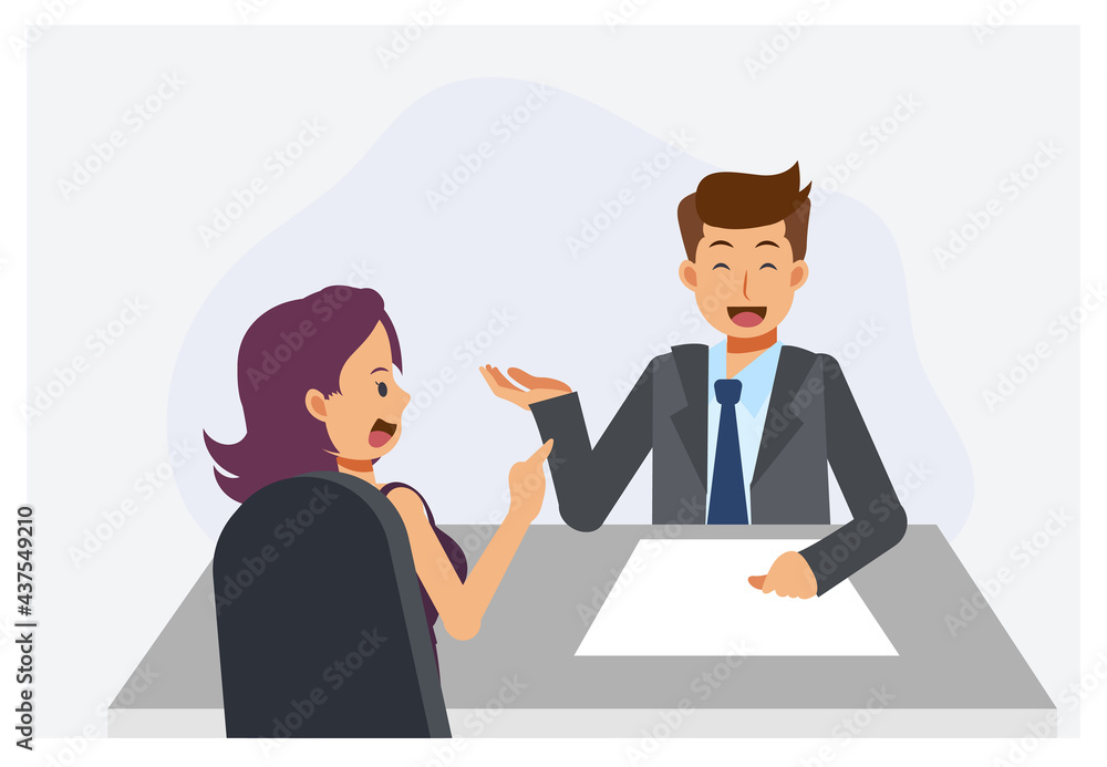 Woman with male consult at the reception. Flat vector cartoon character illustration Woman with male consult at the reception. Flat vector cartoon character illustration
