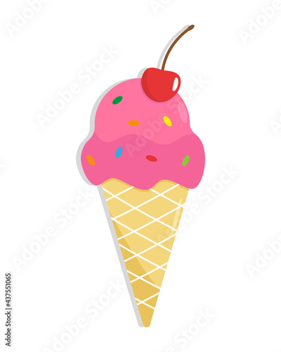Ice cream in a waffle cone isolated on white background. Illustration for t-shirt design