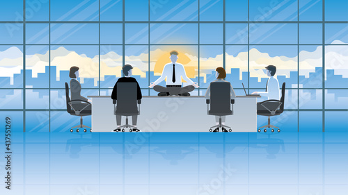 Meditation peaceful mind businessman sitting cross-legged on a table in an office conference room. Get attention from colleagues after work serious meeting with sundown in dusk sky evening after work.