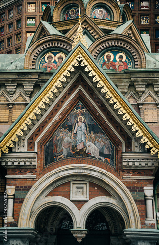 Close-up architectural elements of the Church of the Savior on Spilled Blood. The entrance to the chapel.