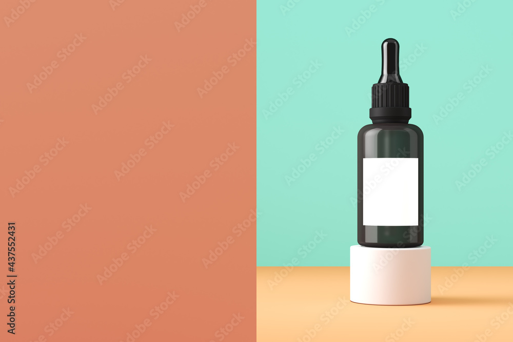 Minimalist mockup background for cosmetic presentation, The serum bottles on cylindrical platform in pastel color scene. 3d rendering