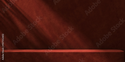Minimalist abstract mockup background for product presentation, Sunshade tropical plants shadow on red plaster platform. 3d rendering