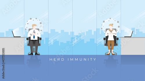 Herd immunity concept as virus protects bubble on people head. An immunized person protected from the harmful effect of virus return to normal life. Social distancing employee in office working room.