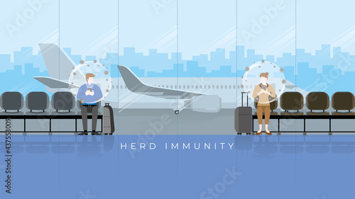 Herd immunity concept as virus protect bubble on people head. An immunized person protected from the harmful effect of the virus return to normal life. Travel bubble at international airport terminal.