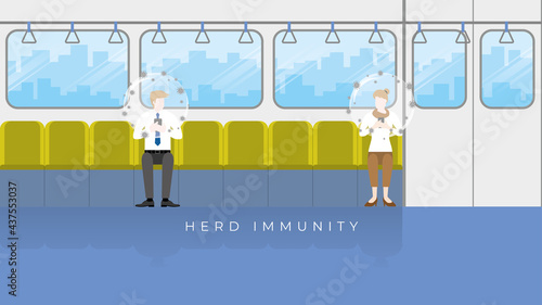 Herd immunity concept as virus protect bubble on people head. An immunized person protected from the harmful effect of the virus return to normal life. Using smartphone in train public transportation.