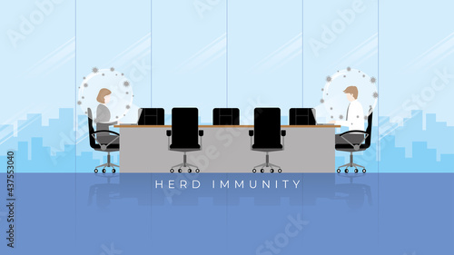 Herd immunity concept as virus protects bubble on people head. An immunized person protected from the harmful effect of the virus return to normal life. Employee working in the office conference room.