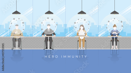 Herd immunity concept as virus protects bubble on people head. Immunized persons protect from harmful effects of virus. Stay together and return to normal life with social distancing in a coffee cafe.