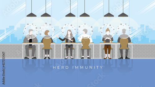 Herd immunity concept as virus protects bubble on people head. Immunized persons protect from harmful effects of virus. Stay together and return to normal life with social distancing in a coffee cafe.