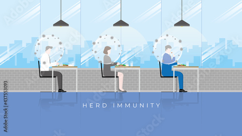 Herd immunity concept as virus protects bubble on people head. Immunized persons protect from harmful effects of virus. Stay together and return to normal life with social distancing in a restaurant.
