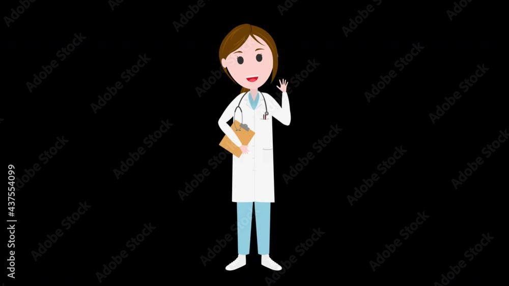 Female doctor waving hand, illustration animation with Alpha Channel, transparent background Female doctor waving hand, illustration animation with Alpha Channel, transparent background