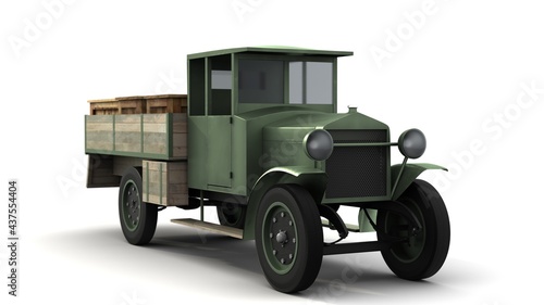 3D illustration. Polish military truck from the World War II loaded with wooden chests 