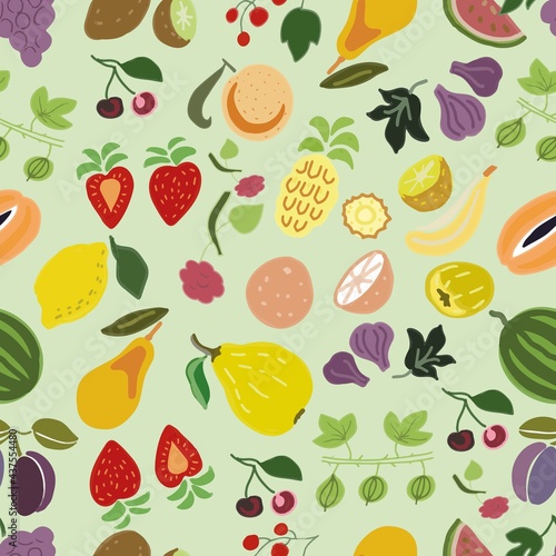 Fruit abstract stylized set color vector hand-drawn illustration. Print textile vintage retro background paper wallpaper bright cute pictures baby patern seamless