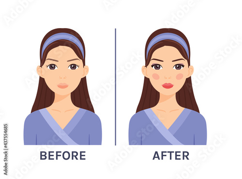 Woman before after Makeup. Beautiful Brunette Lady with a bandage on her head with a face of Decorative Cosmetics. Color flat cartoon style. White background. Vector stock illustration.