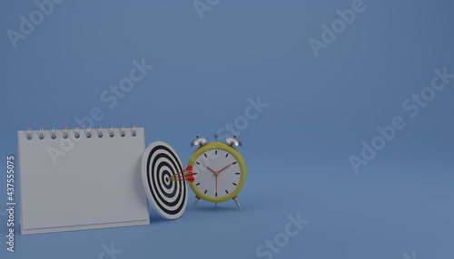 Dart on bullseye with calendar and clock concept of time management for success 3D rendering illustration