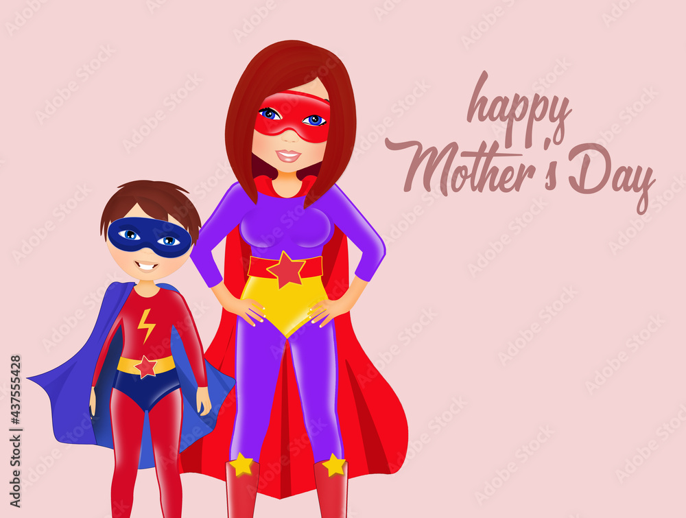 Obraz na plátně illustration of mom with superhero costume for mother's day