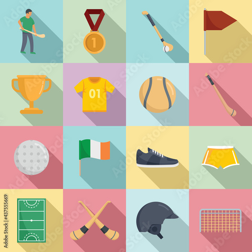 Hurling icons set, flat style