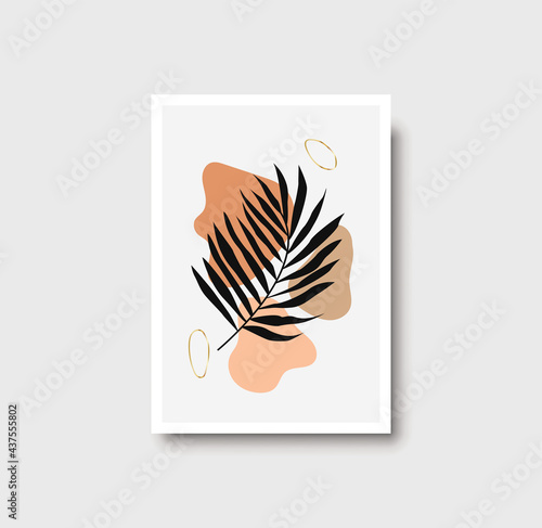Botanical wall art abstract vector. Foliage line drawing. Neutral boho art print. Minimal mid century wall art print for bedroom decor. Gallery decor poster, terracota watercolor. Vector illustration