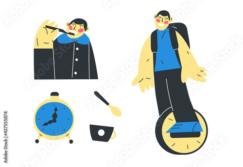 vector illustration of a young man with a backpack rides a monowheel