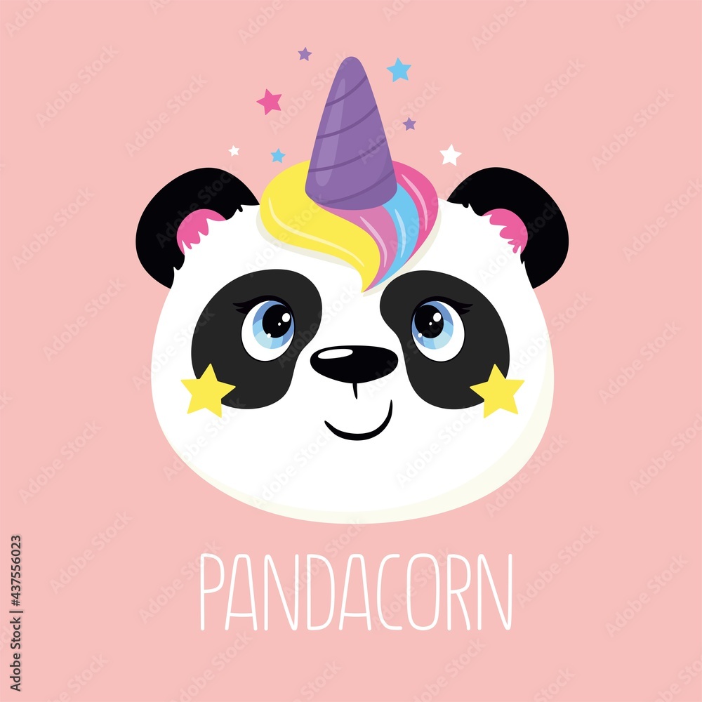 Panda. Happy and cheerful panda unicorn with the word pandacorn. Vector illustration. Panda. Happy and cheerful panda unicorn with the word pandacorn. Vector illustration.