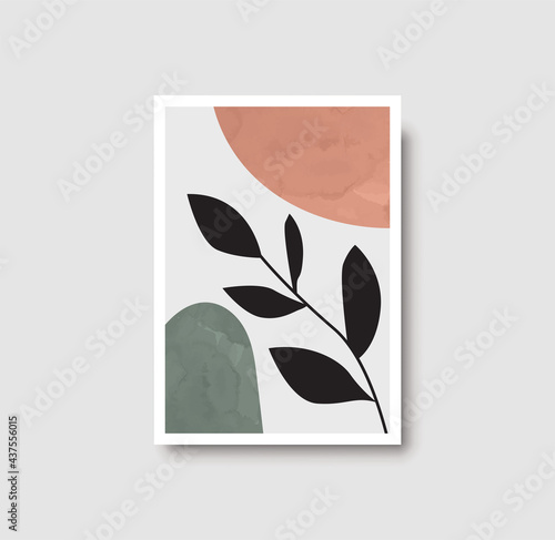 Botanical wall art abstract vector. Foliage line drawing. Neutral boho art print. Minimal mid century wall art print for bedroom decor. Gallery decor poster, terracota watercolor. Vector illustration