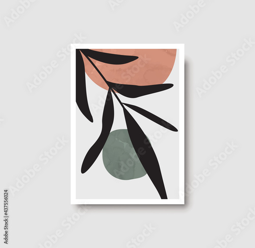 Botanical wall art abstract vector. Foliage line drawing. Neutral boho art print. Minimal mid century wall art print for bedroom decor. Gallery decor poster, terracota watercolor. Vector illustration