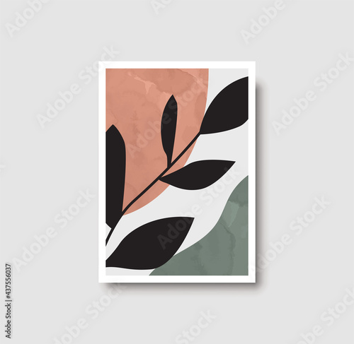Botanical wall art abstract vector. Foliage line drawing. Neutral boho art print. Minimal mid century wall art print for bedroom decor. Gallery decor poster, terracota watercolor. Vector illustration