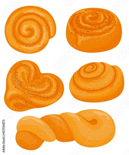 Set of cinnamon rolls and buns. A set of swirl buns. Hand-drawn. Vector illustration.