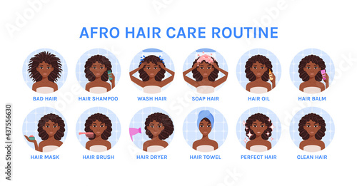 Afro hair care. Set. Isolated Black beautiful woman washes her head. Applies shampoo, mask, towel,balm to hair. Hair treatment. Flat cartoon style. White background. Vector stock illustration.