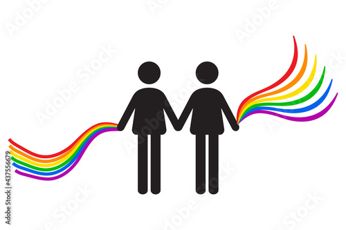 Two man icon holding Rainbow Gay flag. LGBTQ pride icon vector illustration © Formatoriginal