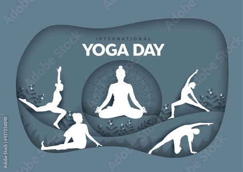 international yoga day. yoga body posture. group of Women's practicing yoga. vector illustration design gray background