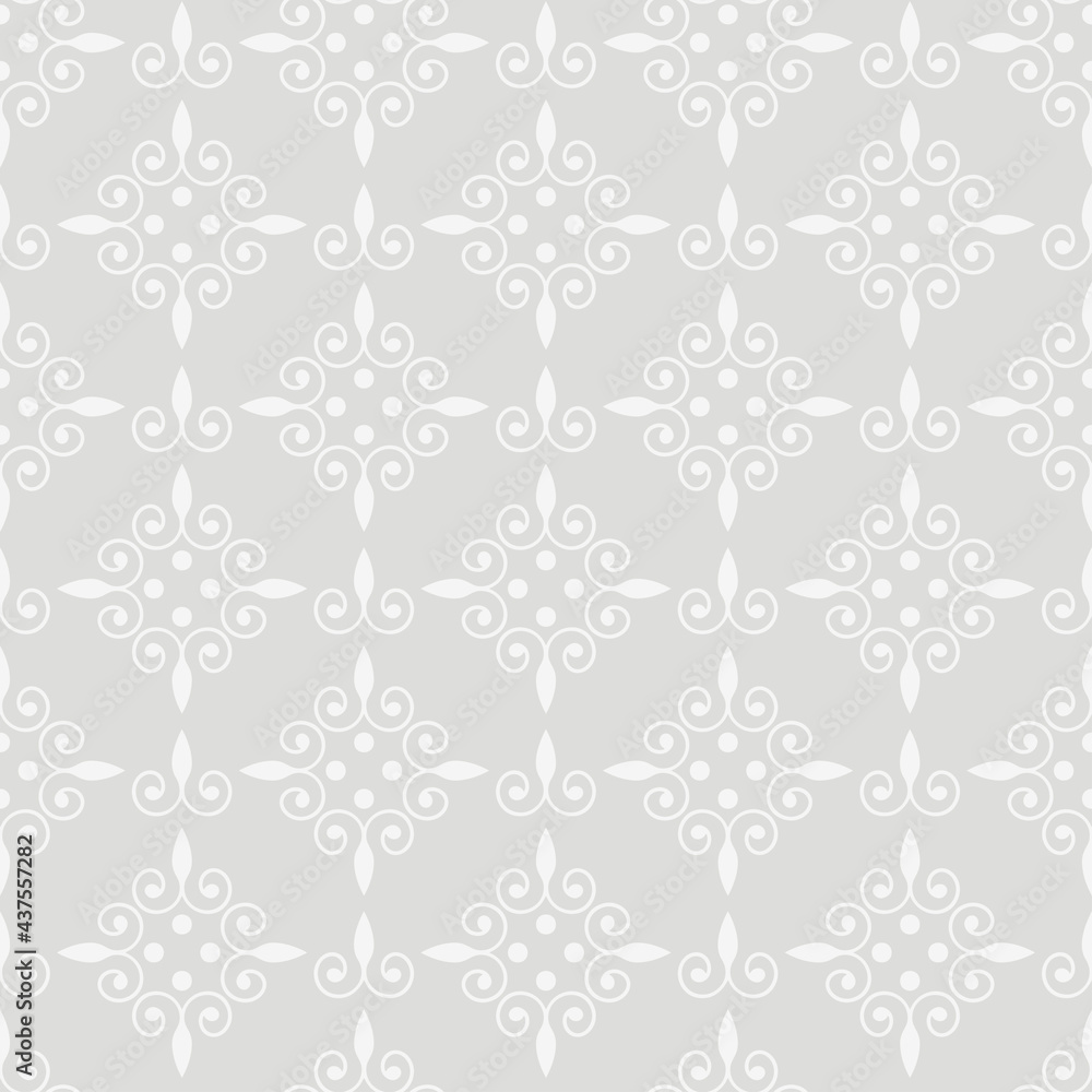 Decorative background pattern with floral ornaments on a light gray background, retro style wallpaper. Seamless pattern, texture