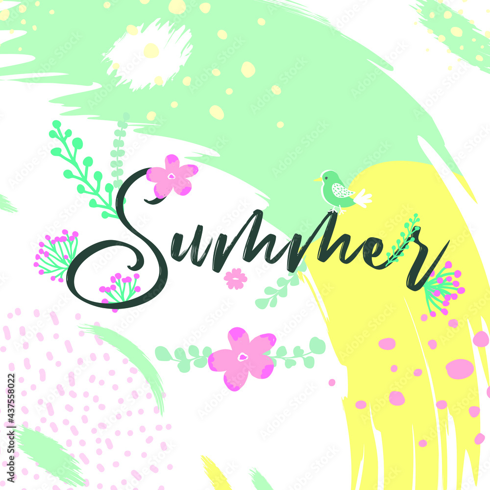 Hello Summer. Trendy abstract art templates. Suitable for social media posts, mobile apps, banners design. Vector fashion backgrounds. Leaves and plants. Summer holidays. Summer sales