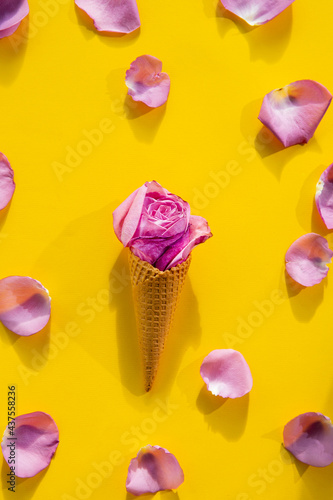 Ice cream cone with rose and rose petals on a flat lay, yellow background for a design