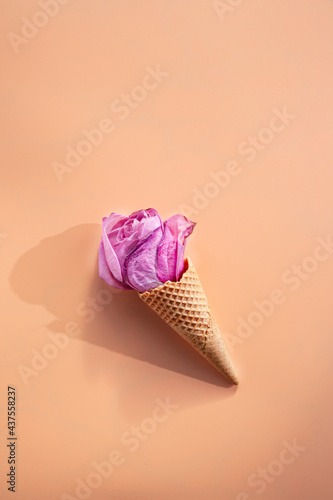 Ice cream cone with a pink rose on a beige or peach background. Graphic element.