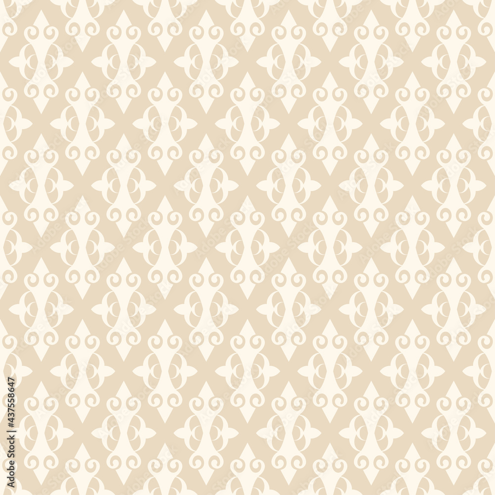 Fototapeta premium Light background pattern with white decorative ornament on a beige background, wallpaper. Seamless pattern, texture
