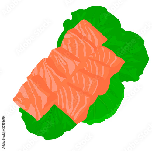 Salmon fillet vector stock illustration. Sliced pieces of fresh fish meat. Sashimi. Isolated on a white background.