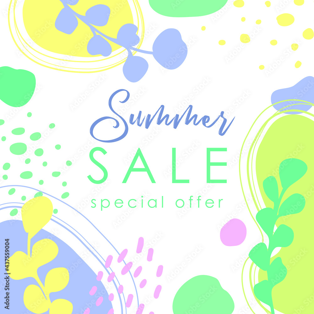 Hello Summer. Trendy abstract art templates. Suitable for social media posts, mobile apps, banners design. Vector fashion backgrounds. Leaves and plants. Summer holidays. Summer sales