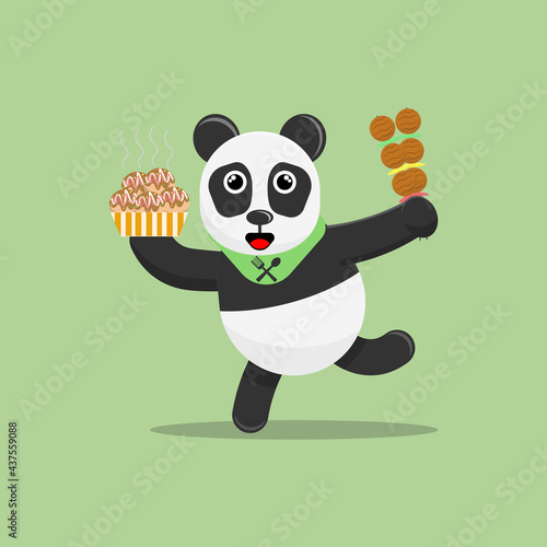 Illustration vector graphic cartoon of cute panda eating takoyaki and skewered meat. Childish cartoon design suitable for product design of children's books, t-shirt etc