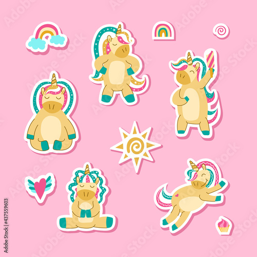 Cute unicorn stickers. Collection of badges with funny animals on pink background. Sweet girlish design. Vector illustration.