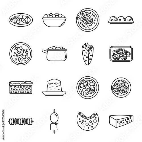 Travel Greece food icons set, outline style