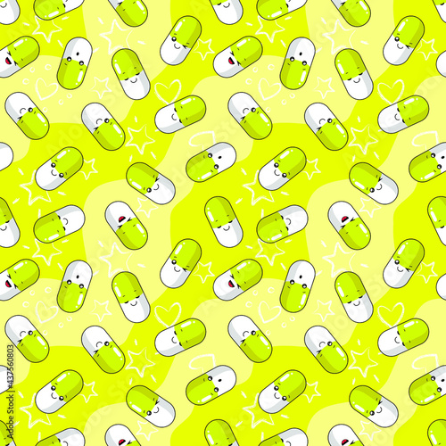 Medicines  pills emoji yellow and white on a yellow background with hearts  stars. Antibiotics  antidepressants  vitamins  analgesics. Print  printing on fabric. Seamless pattern. Vector illustration