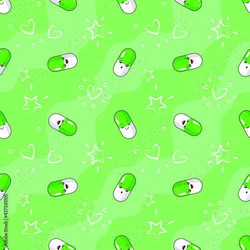 Medicines, green and white emoji pills on a green background with hearts and stars. Antibiotics, antidepressants, vitamins, analgesics. Print, printing on fabric. Seamless pattern. Vector illustration