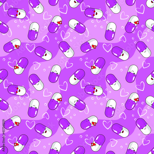 Medicines, pills emoji pink and white on a pink background with hearts. Antibiotics, antidepressants, vitamins, analgesics. Print, printing on fabric. Seamless pattern. Vector illustration